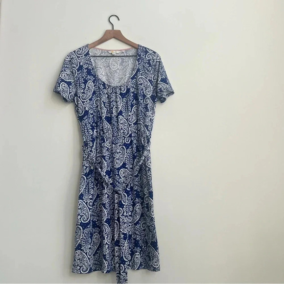 Boden 10R Elspeth Jersey Scoop Neck Tie Waist Belted Lapis Blue Paisley Dress - Picture 4 of 14